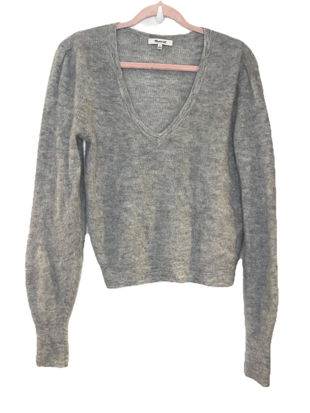 Madewell Sweater Deep V Neck Alpaca Blend Lightweight Ribbed Puff Shoulder Sz L